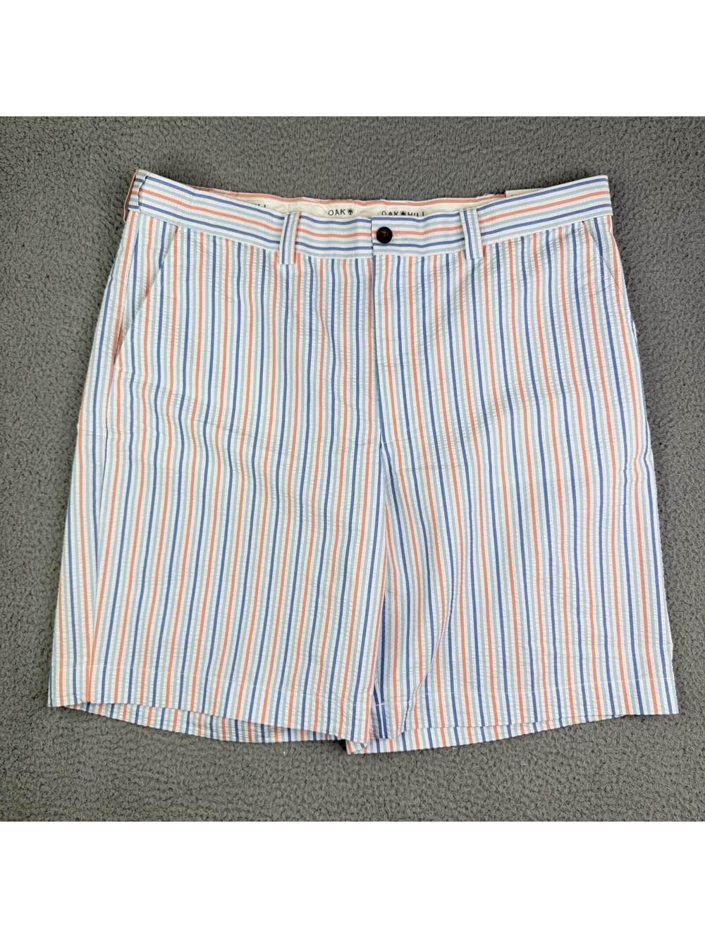 Oak Hill Men's Seersucker Golf Shorts Size 44x10 Waist Blue Pink Stripe Stretch